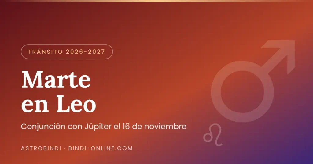 Marte en Leo 2026-2027: glifo de Marte y de Leo sobre degradado rojo anaranjado y morado