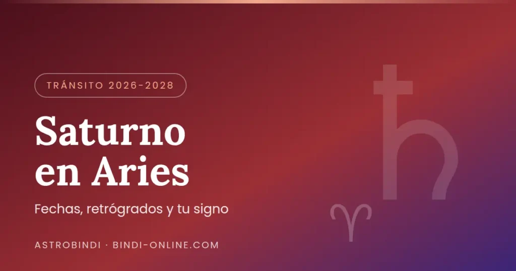 Saturno en Aries 2026-2028: glifo de Saturno y de Aries sobre degradado rojo y morado