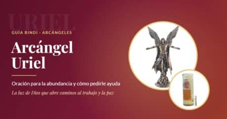 Arcángel Uriel: figura del arcángel y velón de Uriel sobre fondo rubí y oro, guía de oración para la abundancia