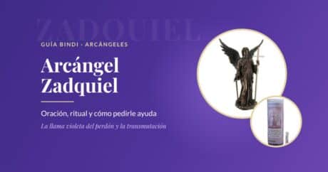 Arcángel Zadquiel: figura del arcángel y velón de Zadquiel sobre fondo violeta, guía de oración y ritual