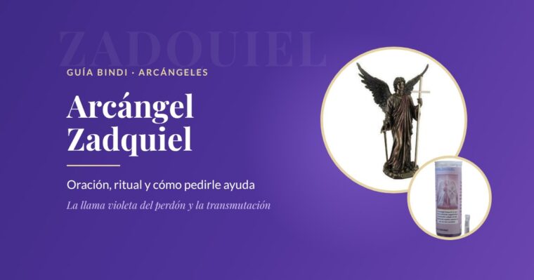 Arcángel Zadquiel: figura del arcángel y velón de Zadquiel sobre fondo violeta, guía de oración y ritual