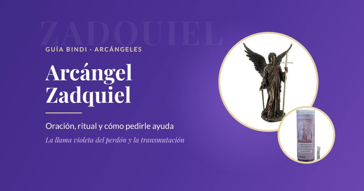 Arcángel Zadquiel: figura del arcángel y velón de Zadquiel sobre fondo violeta, guía de oración y ritual