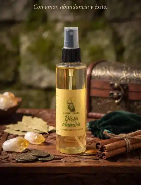 Aromatizador Diosa Abundia en spray con citrinos, canela y monedas
