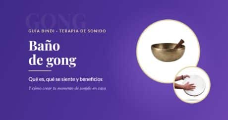 Baño de gong: cuenco tibetano de 7 metales y tambor oceánico sobre fondo violeta, guía de terapia de sonido de Bindi
