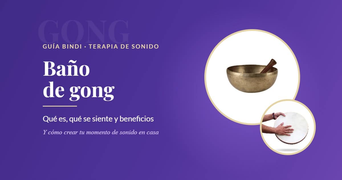 Baño de gong: cuenco tibetano de 7 metales y tambor oceánico sobre fondo violeta, guía de terapia de sonido de Bindi