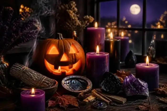 Ritual de Samhain y Halloween: velas moradas, calabaza, salvia, palo santo y cristales