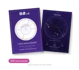 Carta astral infantil de Bindi en PDF, de unas 30 páginas, con la rueda natal del niño y su mapa del cielo