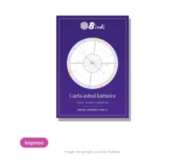 Carta astral kármica de Bindi impresa: portada con la rueda del eje kármico y los Nodos lunares