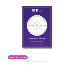 Carta astral kármica de Bindi en PDF: portada con la rueda del eje kármico y los Nodos lunares
