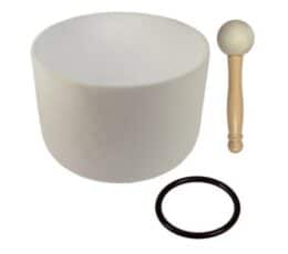 Cuenco de cuarzo blanco de 30 cm con mazo de madera y aro de goma