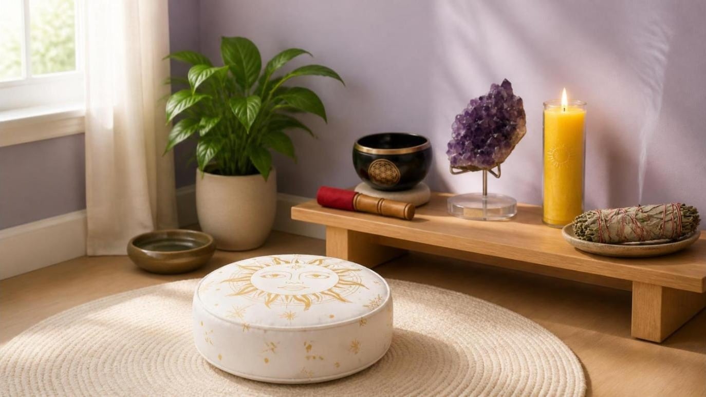 Espacio de meditación en casa con zafu Sol, cuenco tibetano flor de la vida, drusa de amatista, velón sol y salvia blanca de Bindi