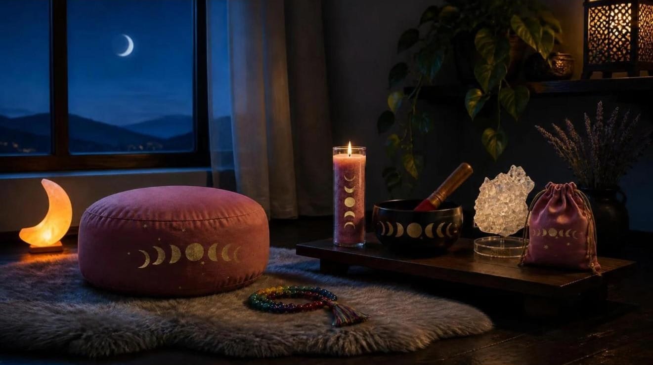 Rincón de meditación lunar con lámpara de sal luna, zafu fases lunares, velón, cuenco tibetano fases lunares, drusa de cuarzo, bolsa fases lunares y japa mala de Bindi