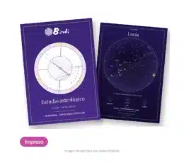 Estudio astrológico personalizado de Bindi impreso: portada con la rueda de la carta natal y lámina del cielo del día de nacimiento