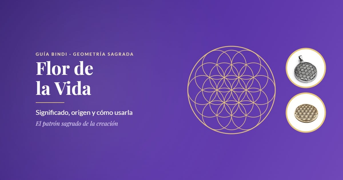 Flor de la Vida: símbolo de geometría sagrada en dorado con colgante de plata y parrilla para cristales, guía de significado y usos