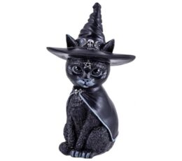 Figura de gato negro con sombrero de ala ancha, capa y pentáculo, resina 13 cm