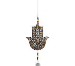 Colgante mano de Fátima con ojo, cuentas de colores y bola feng shui de cristal facetado