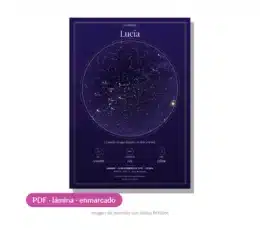 Mapa del cielo personalizado de Bindi: lámina A4 con el cielo estrellado, las constelaciones y los planetas del día y la hora de nacimiento