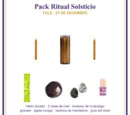 Pack Ritual Solsticio de invierno Bindi: velón dorado, velas de miel, incienso de muérdago, granate, ágata musgo y esencia de mandarina