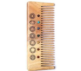 Peine de madera de neem con los 7 chakras grabados y piedras incrustadas