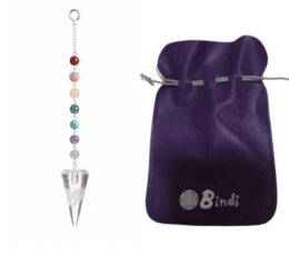 Péndulo de cuarzo cristal en punta con las 7 piedras de los chakras en la cadena y bolsita de terciopelo morado Bindi