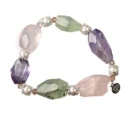 Pulsera Armonía del Corazón de amatista, cuarzo rosa y prehnita talladas con perlas y plata