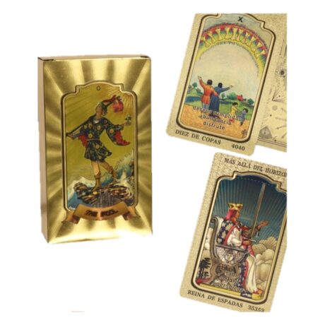 Caja y cartas del tarot Rider dorado con los significados escritos en cada carta